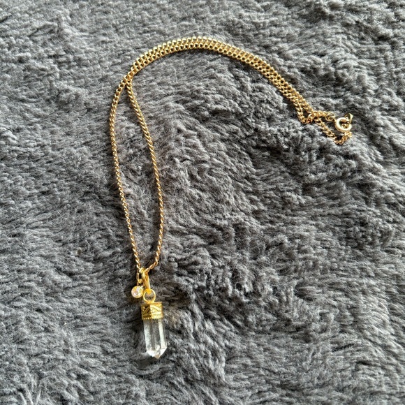 Handcrafted Gold Clear Quartz Pendant 16” Necklace - Picture 2 of 2